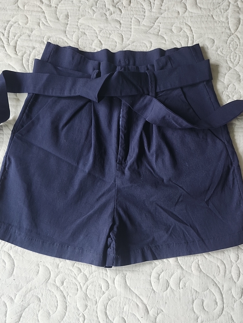 High-Waist Navy Paperbag Tie Shorts - Women